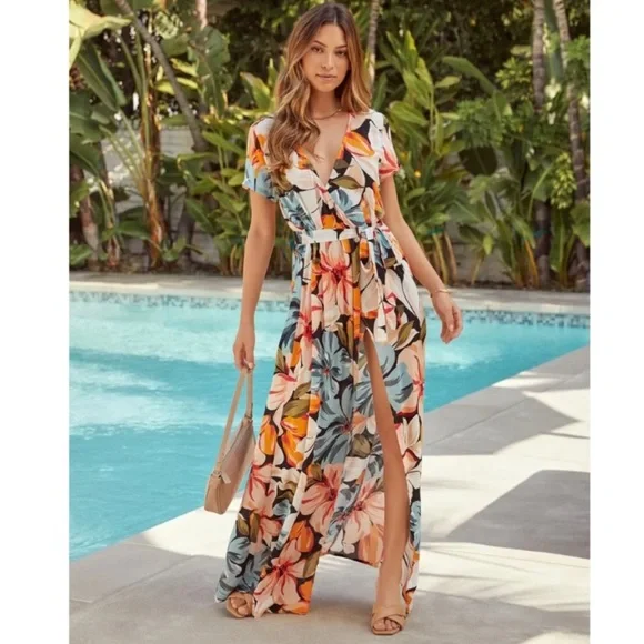 Vici Maxi Dress M Cadiz Floral Bardot Wrap Waist Tie Tropical Vacation - Picture 5 of 11